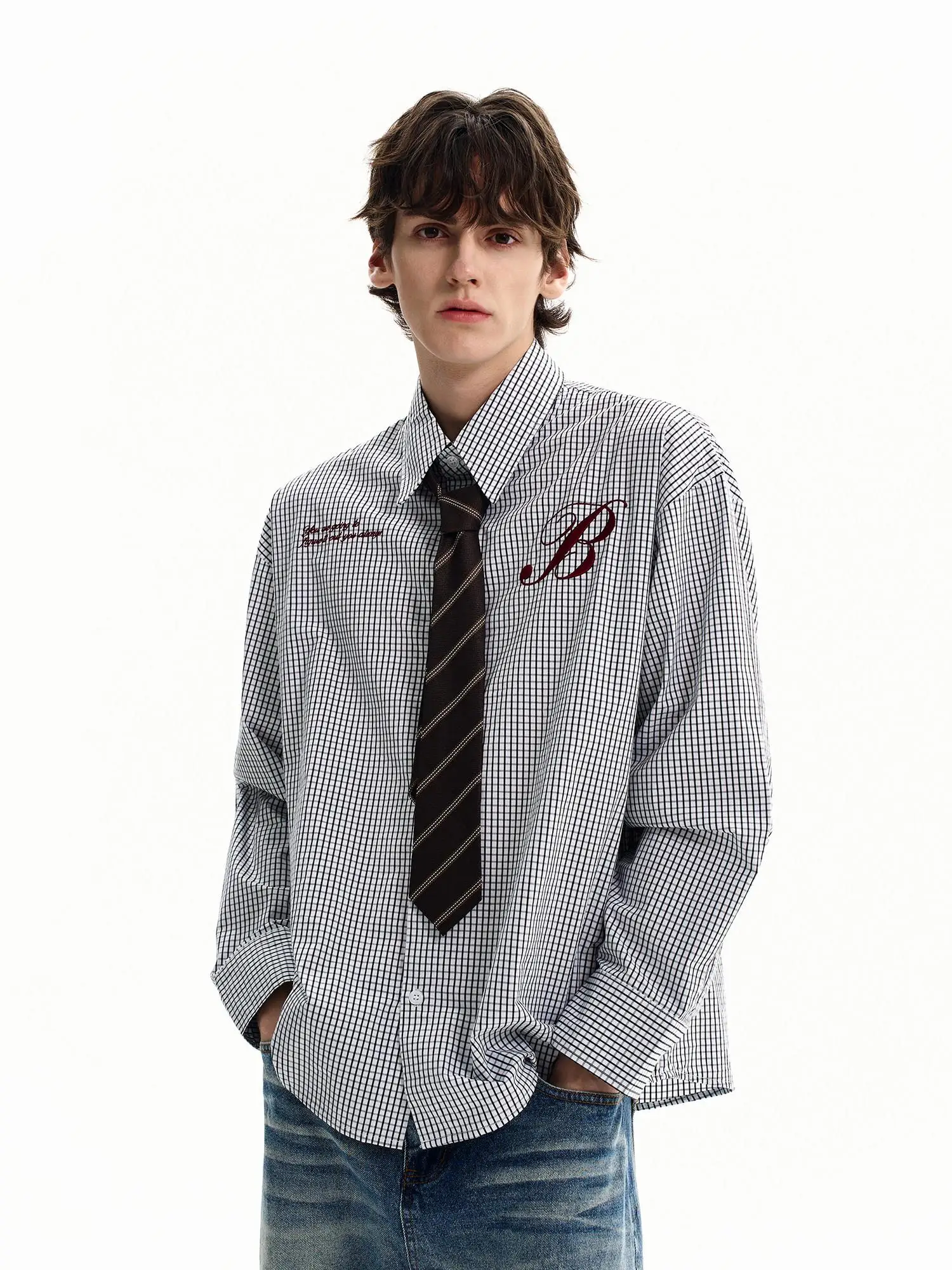 

Retro American Embroidered Plaid Long Sve irt Men Women Spring Autumn Commute Versatile Couple Outerwear irt