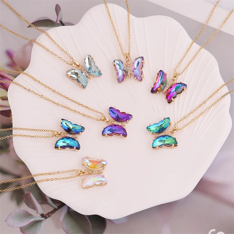 Exquisite Luxury Crystal Butterfly Charm Necklace Colorful Insect Charm Collar Chain Women's Fashion Jewelry Accessories Gift