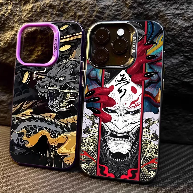 Oni Mask Samurai Printing Hard Case for iPhone 16E 11 12 16 15 14 13 Pro Max XS X XR Plus 8 7 SE 2020 Shockproof Matte Cover PC view 2