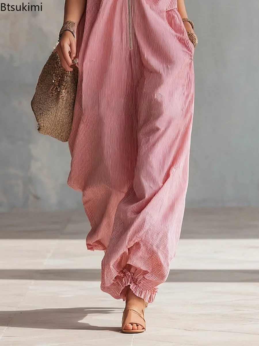 New 2026 Women's Spring Summer Striped Overalls in Stock with Zipper and Pleated Ankle Design Casual and Comfortable Jumpsuit