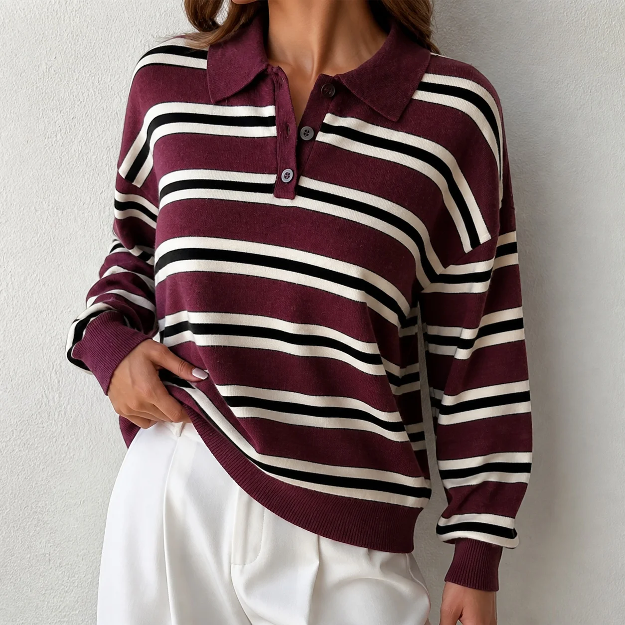 Women's T-shirts And Elegant Loose Fit Long Sleeve Polo Shirt with Button Placket Turn Down Collar Color Block Cotton Blend