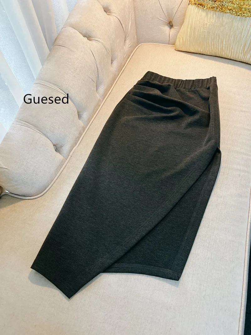 Guesed-Women's Slim Long Skirt, Irregular Skirts, Folds, All Match, Elastic Waist, Sexy Slit, Star Brand, Autumn, 2024