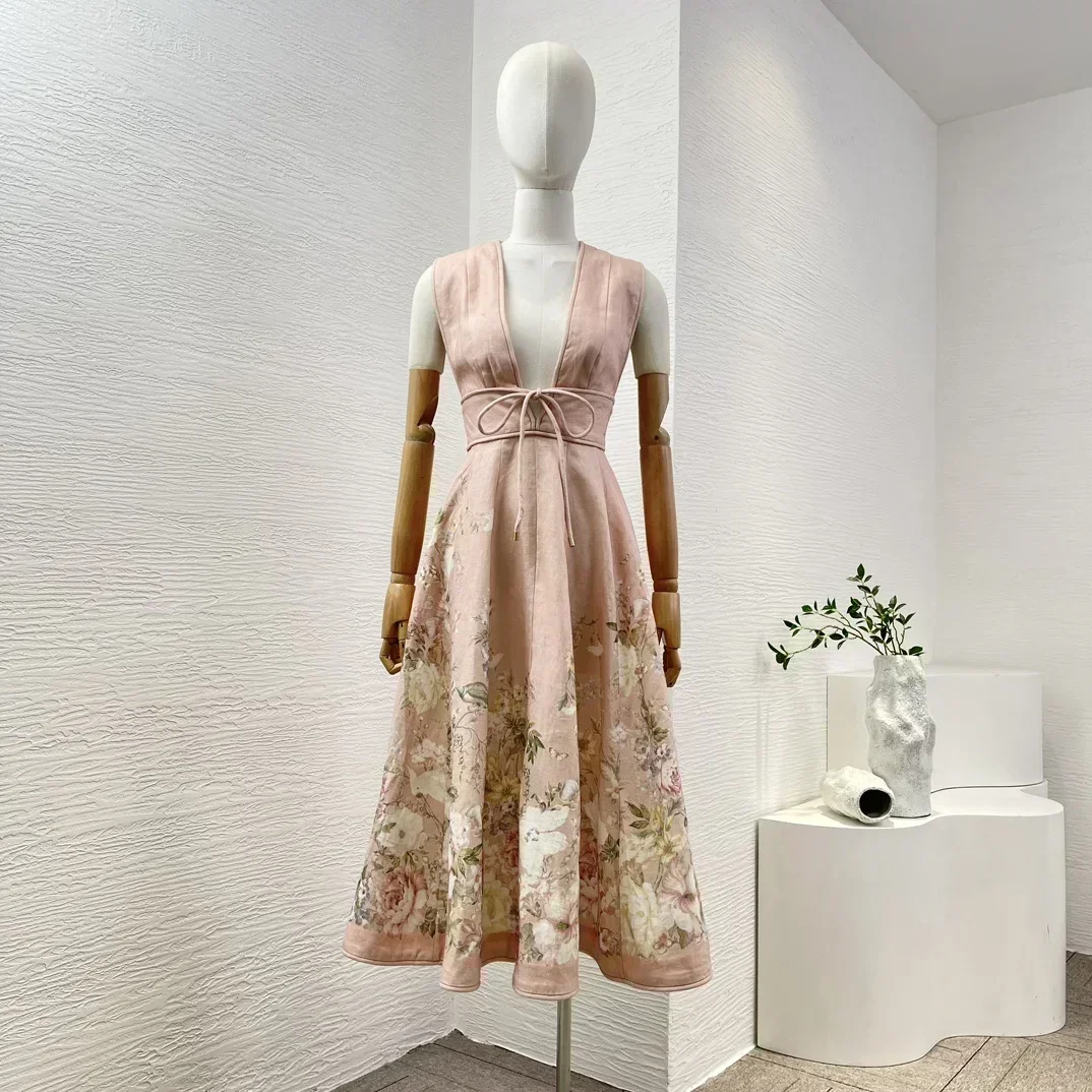 

Pink Lace-up Women Summer Holiday Collection 2024 New High Quality Linen Floral Print A-line Sleeveless Midi Dress