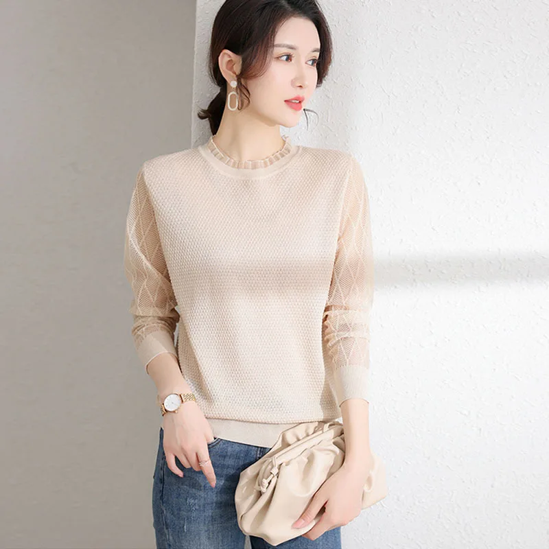 

Falls Women's Graceful Lace Mesh Knit Pullovers Spring Autumn Lady Solid Bottoming Tops Fashion Joker Thin Sweater 2024 Knitwear