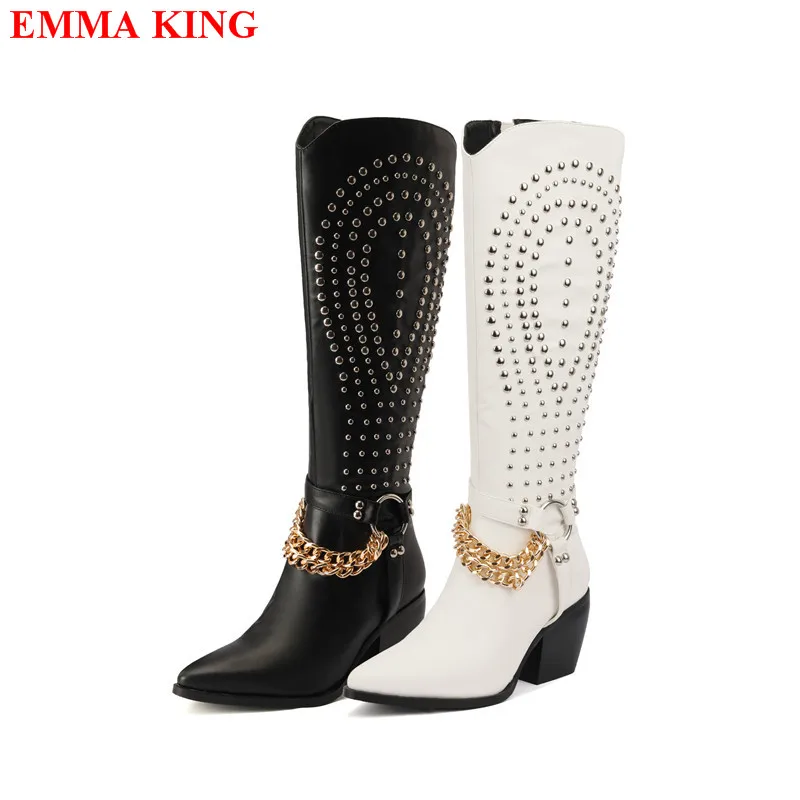 

Punk Style Rivets Stud Knee High Boots Women Metal Chain Chunky Heels Cowboy Boots Female Pointed Toe Motorcycle Western Boots