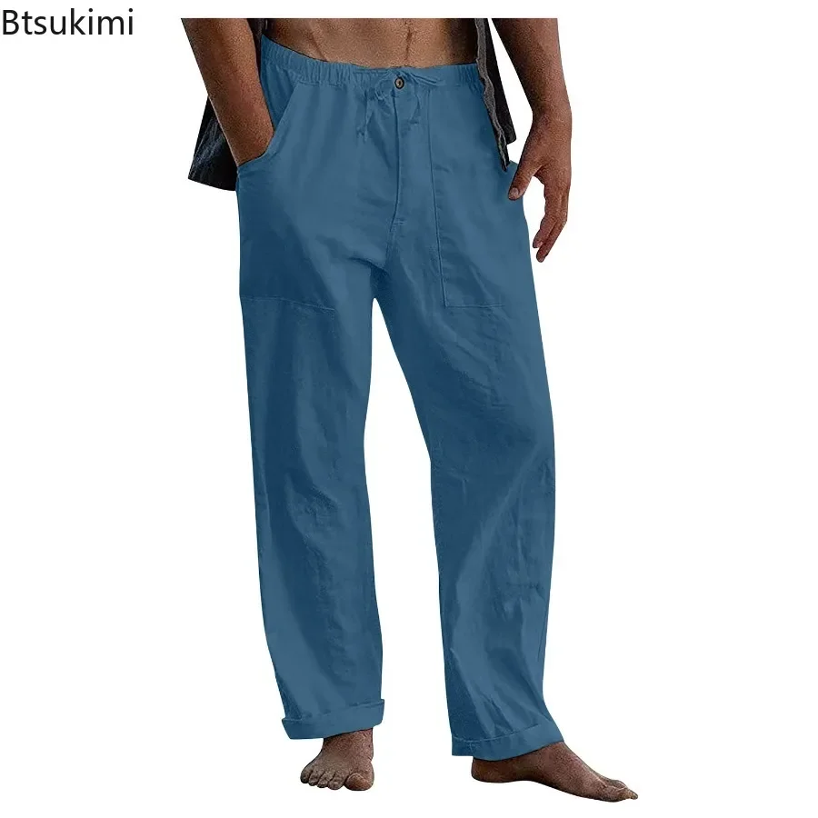 2026 Men\'s Breathable Cotton Linen Beach Pants Fashion Solid Loose Casual Trousers Summer Drawstring Pocket Straight Yoga Pants
