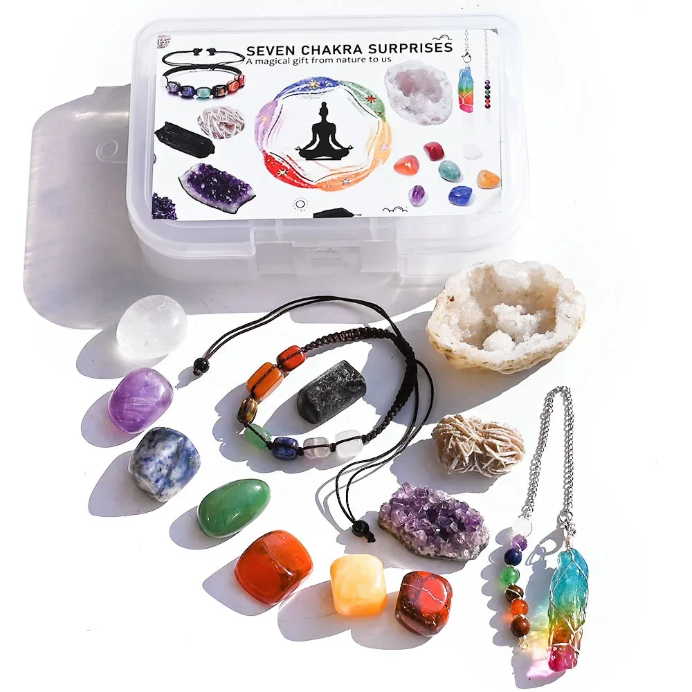 Healing Crystals Stones Kit Include 7 Chakra Tumbled Stones Amethyst Cluster Desert Rose Tourmaline Pendulum Bracelet Combo Set