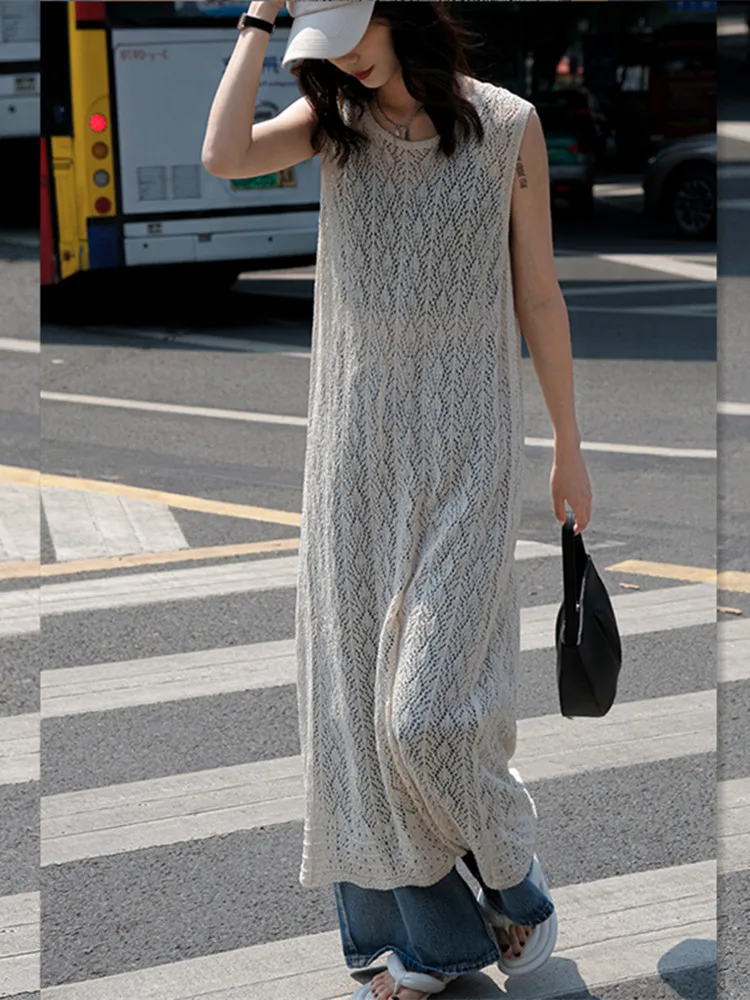 Vestido de punto para mujer, vestido de longitud media con diseño de abertura calada, novedad de verano, prendas de vestir ex...