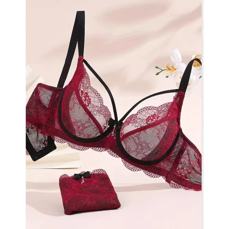 Sexy KUCLUT Bra Set Full Cup Ultra Thin Lace Gathered Plus Size 34-42 Big Breast To Small Breast Support Comfort Lingerie