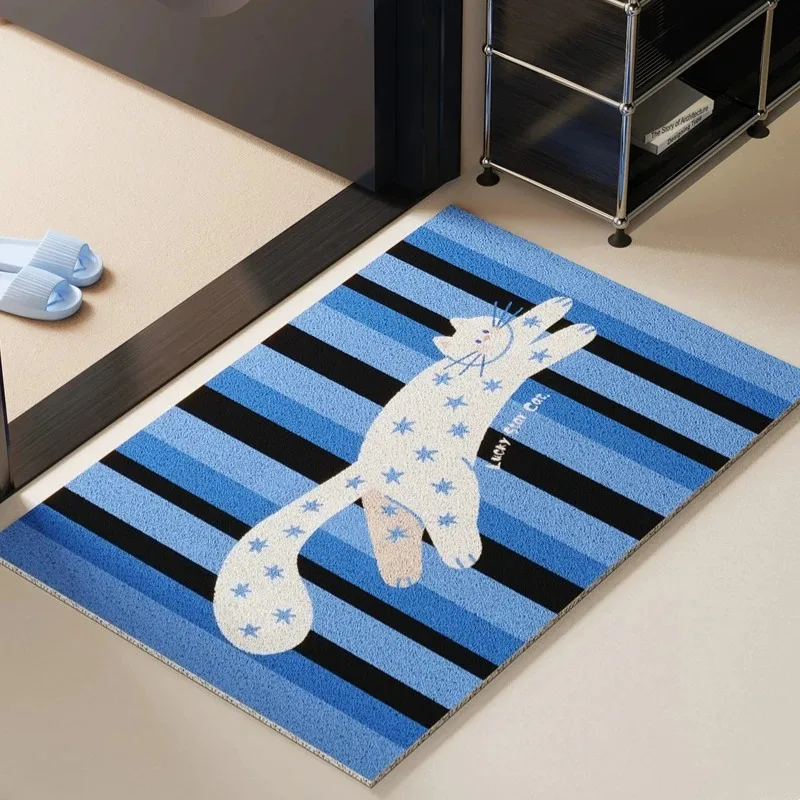 Cartoon Star Cat Doormat Blue Stripe PVC Wire Loop Mat Cuttable Anti Dirt Rubber Backing Foot Rug For Hallway Entrance