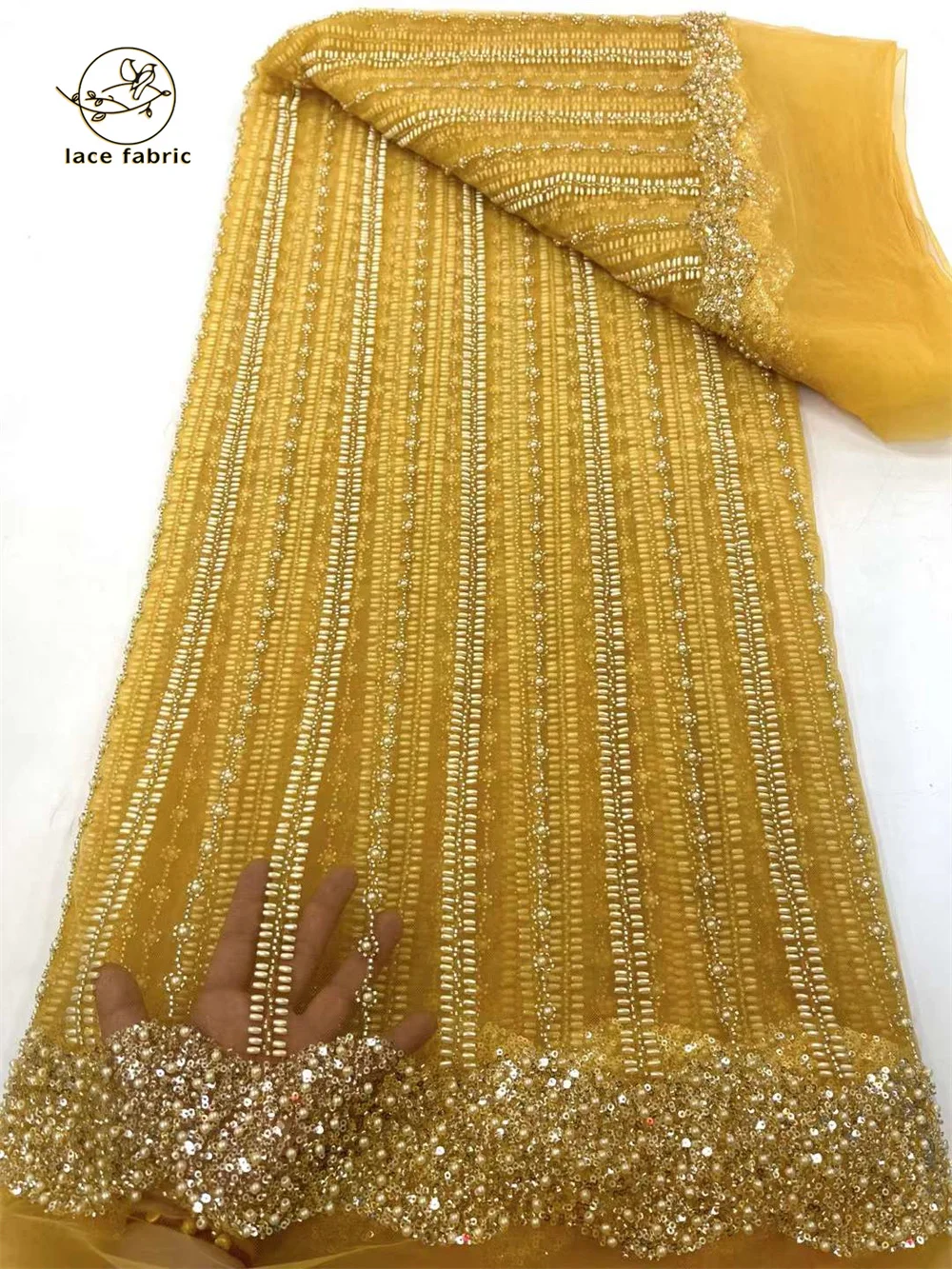 

Gold African Lace Fabric Sequins Beaded Embroidery Groom Nigerian 2024 High Quality French Tulle Lace Fabric For Wedding Party