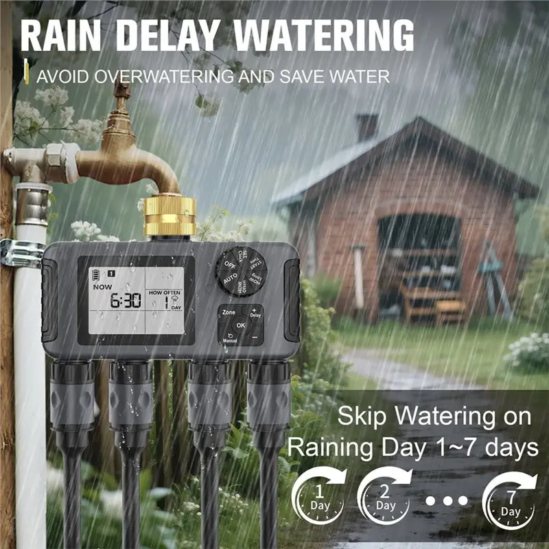 Sprinkler Irrigation Controller, 4-Zone Outdoor Hose Timer For Garden Faucet- Water Timer Featuring Auto/Manual Rain Modes