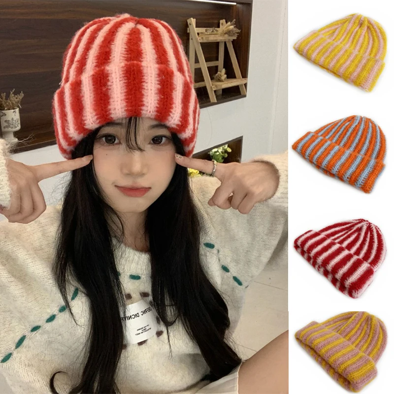 

New 2025 Korea Autumn Winter New Korean Feather Yarn Striped Wool Beanie Cap Women Men Showing Face Small Cold Knitted Cold Hat