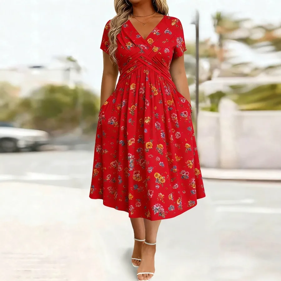 

【New style】Women's elegant floral digital print kink band pocket V-neck summer dress