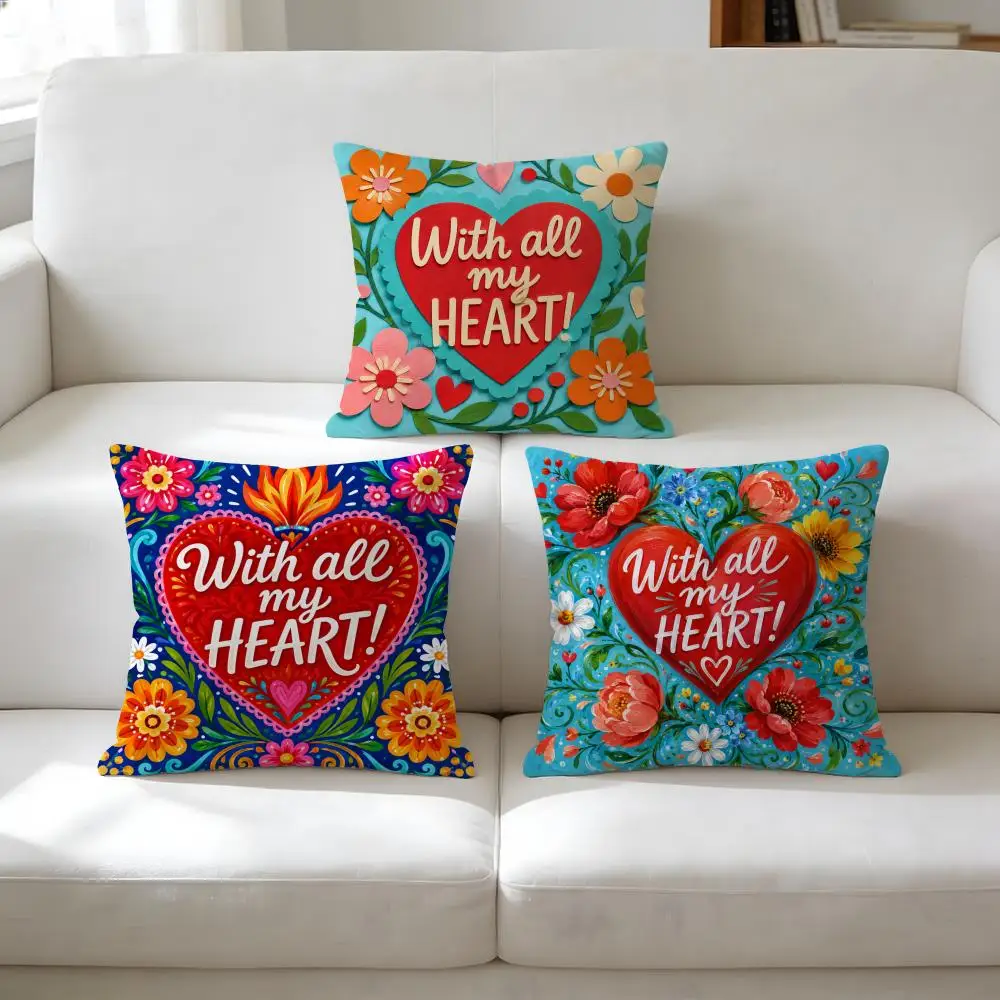 Romantic Floral With All My Heart Quote Cushion Cover Double-Sided Plush Sofa Cushion Covers Organic Breathable Invisible Zipper