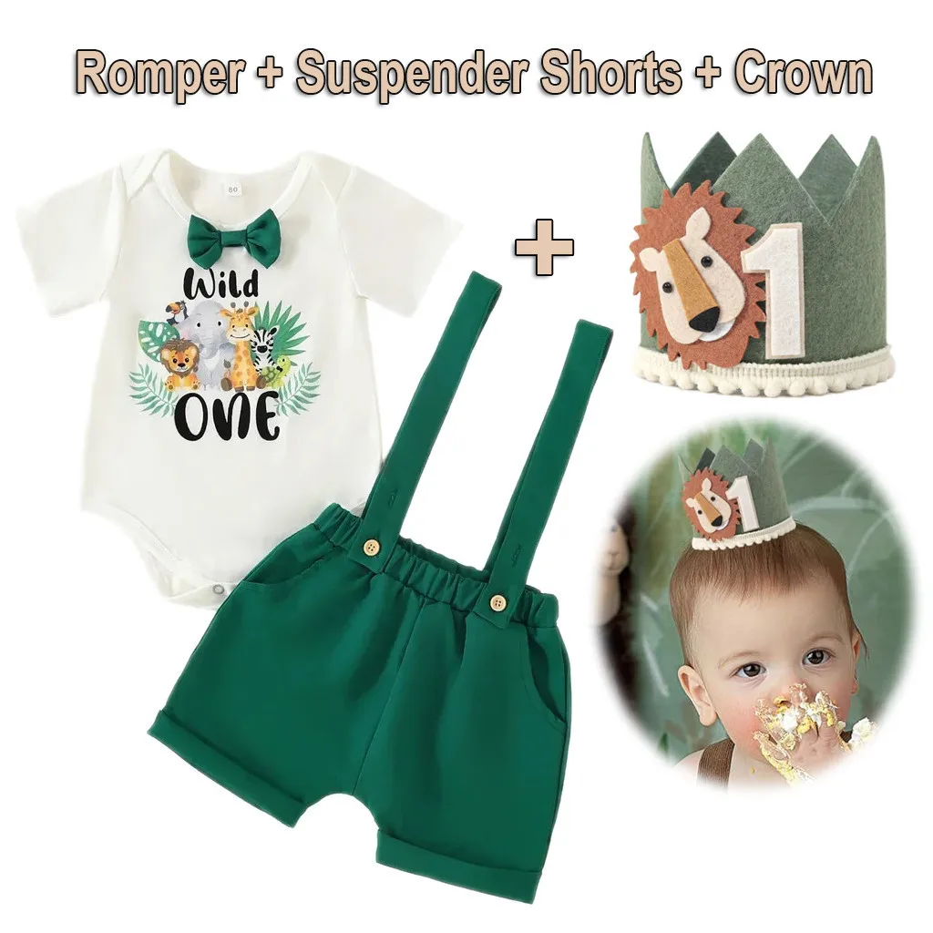 Birthday Baby Boy Clothes Cute Cartoon Animal Lion Baby Romper + Suspender Shorts + Crown Cake Smash Outfit for Photoshoot