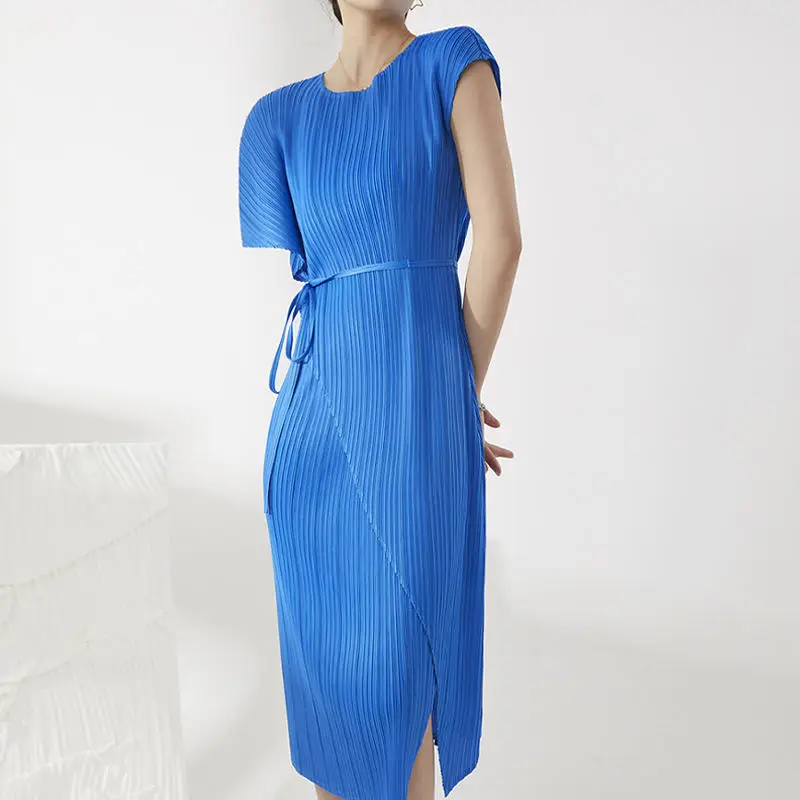 

Miyake High-End Mid-Length Skirt Pleated Dress With Irregular Design and Tie Sense Short Sleeve Fabric Weaving