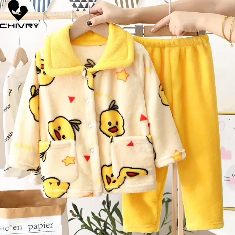 New Kids Boys Girls Autumn Winter Flannel Pajama Sets Cute Cartoon Long Sleeve Lapel Tops with Pants Baby Sleepwear Clothing