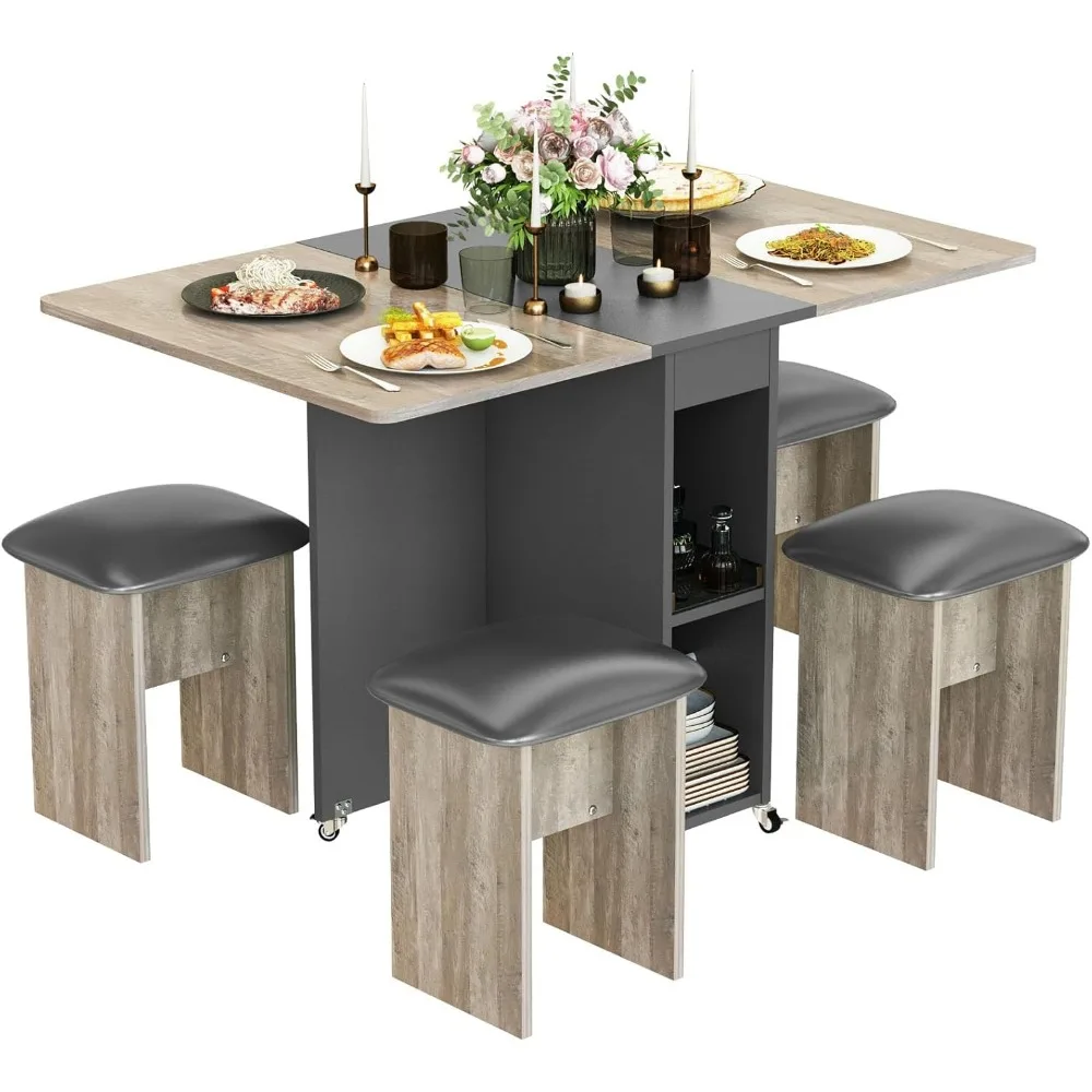 

Folding Dining Table Set for 4, Dinner Table with 4 Leather Chairs and Shelves, Space Saving Foldable Dining Table with