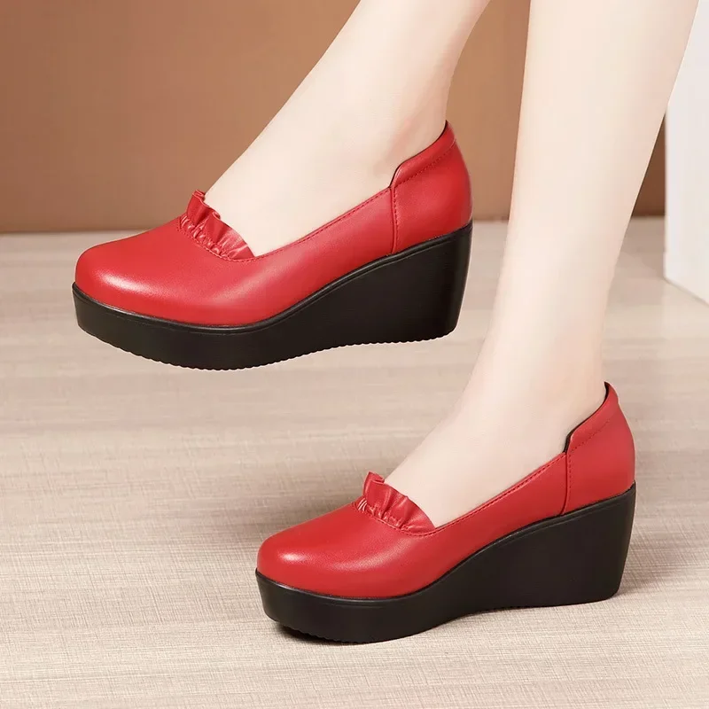 6cm Small Size 32-43 Comfortable Breathable Shallow Soft Leather Loafers 2025 Spring Med Heels Platform Wedges Shoes office Mom