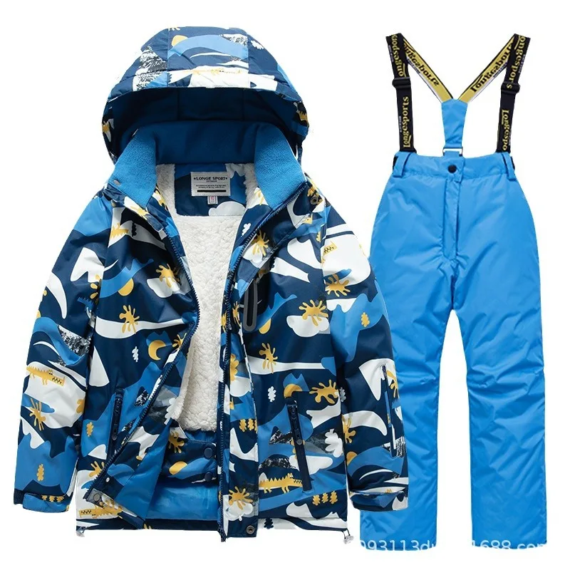 Children's Ski Suit Boys and Girls Outdoor Thickened Waterproof Warm Middle-aged Children's Baby Ski Clothes Equipment