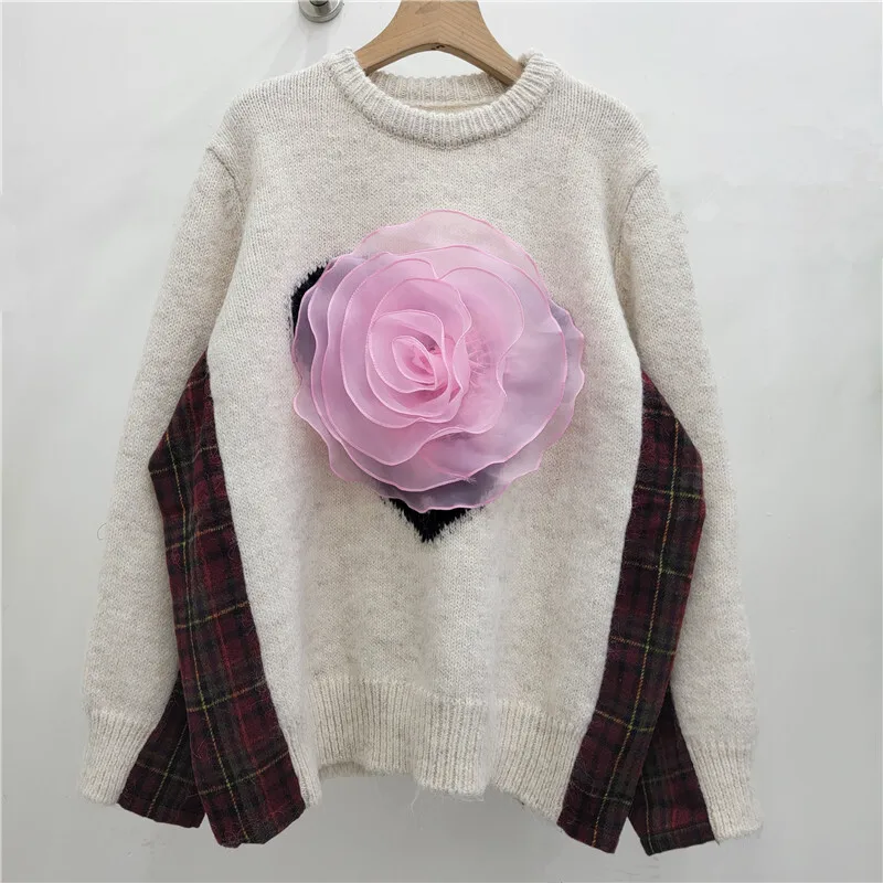 WTHT Trendy Women's Patchwork Plaid Mesh Flower Loose Knit Sweater 2024 Autumn New O-neck Long Sleeves Pullovers Female 1LS114