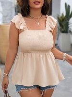 Plus Size Summer Women Elegant Vest Casual Ruffle Solid Camisole Vacation Square Neck Sleeveless Tops Curve Clothing