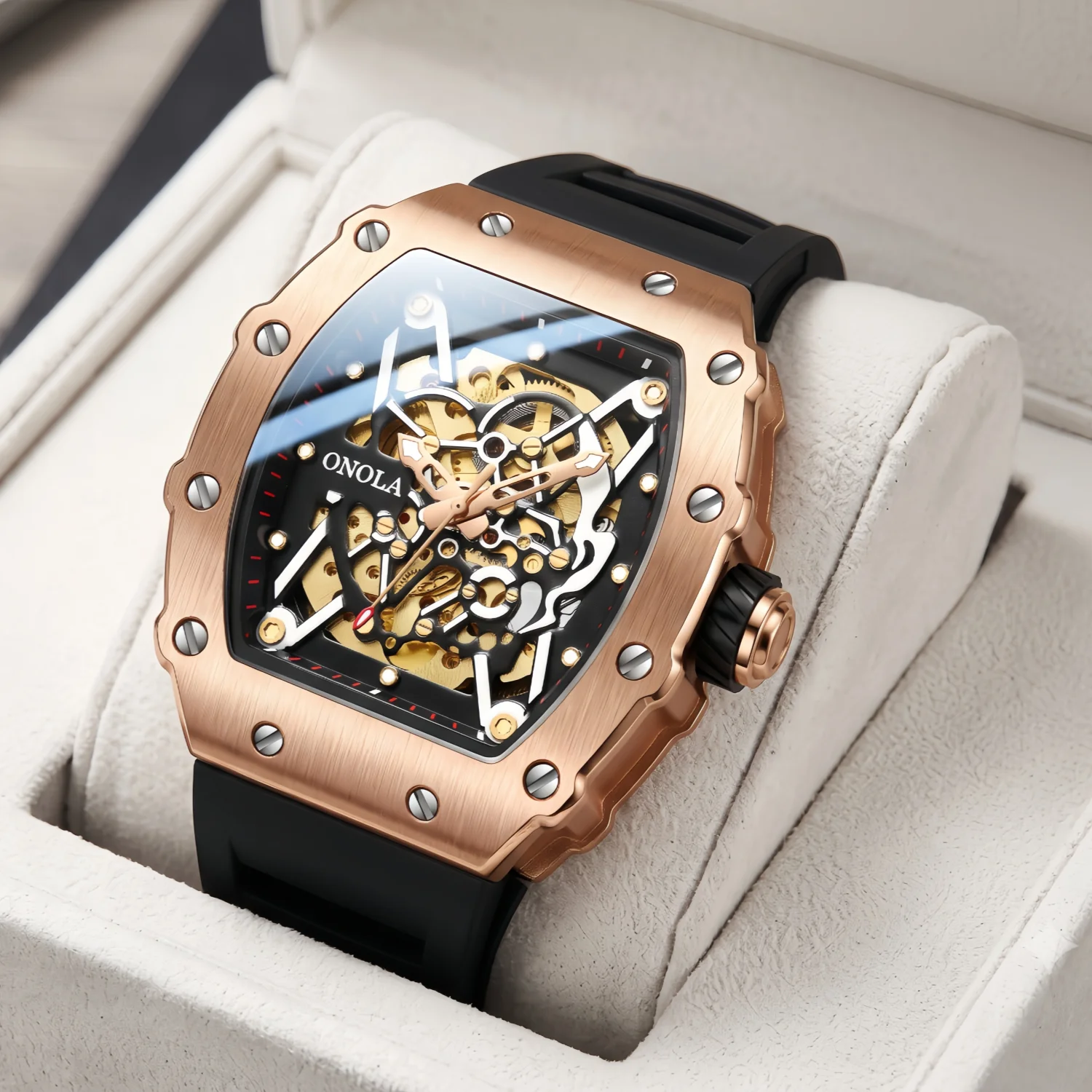 ONOLA Herren-Mechanikuhr, Gehäuse aus Legierung, modisches Design für Sport und Business, skelettiertes Zifferblatt, ein Geschenk für Freunde.