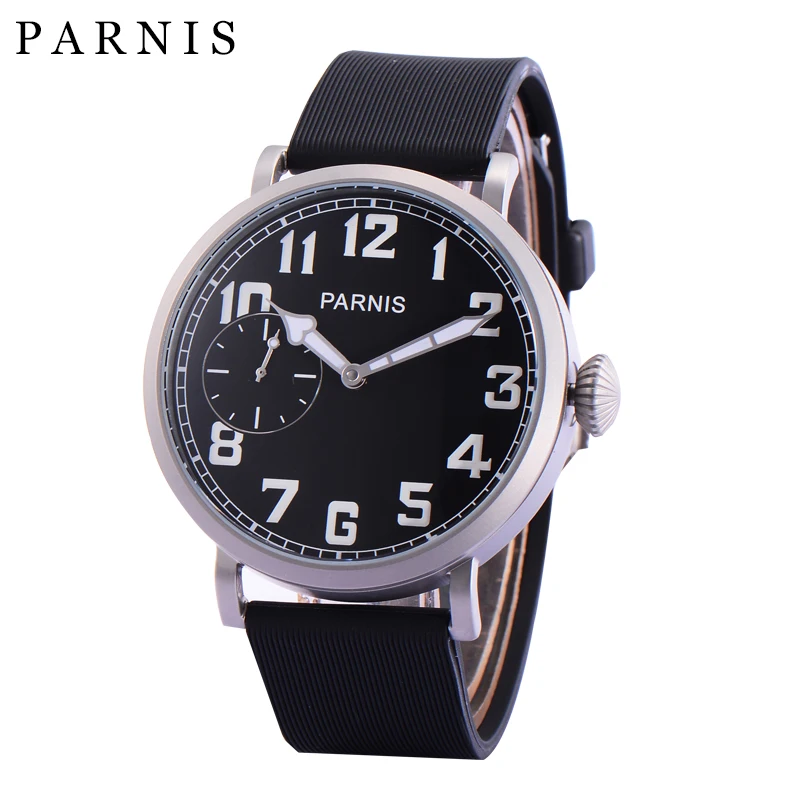 Fashion Parnis 46mm Silver Case Mechanical Watches Hand Wind Men Wristwatch Leather Strap mechanische uhren 2024 Man Gift Clock