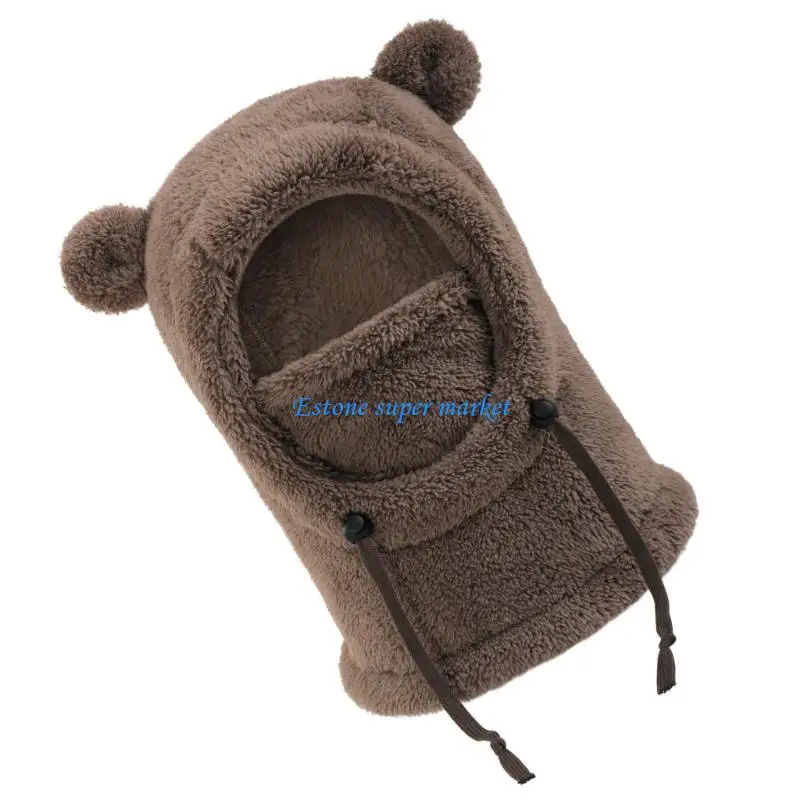 090B Bear Ears Thick Warm Masked Caps Children Winter Plush Scarf Hat with Face Cover Kids Neck Warmer ​Hat