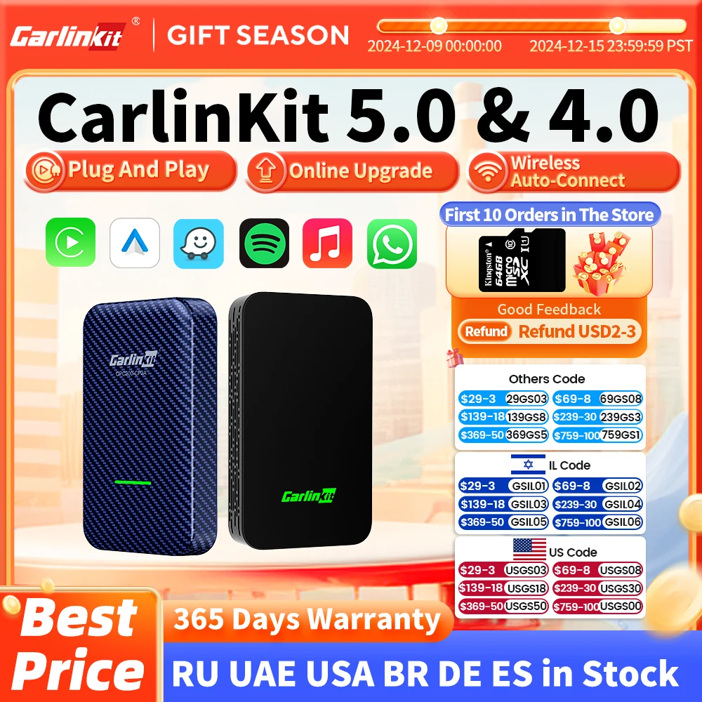 CarlinKit 5.0 Wireless Android Auto CarPlay AIBox Wireless Adapter Spotify Waze Car Navigation Box WiFi BT Wireless Auto Connect