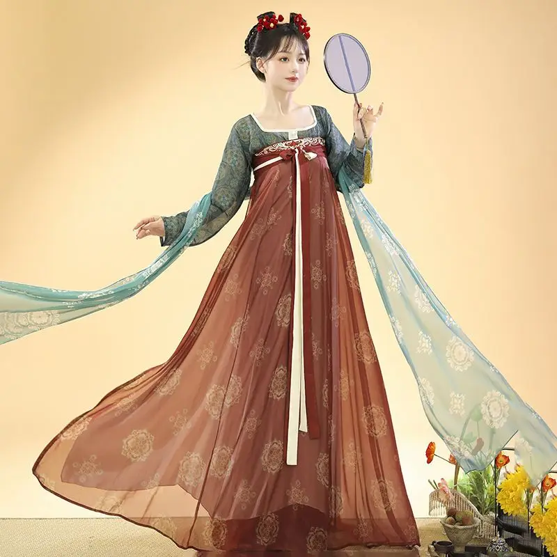 Tang Dynasty Chinese Style Vintage Fairy Hanfu Dress Ancient Traditional Floral Print Princess Costumes Female Sweet Dance Dress