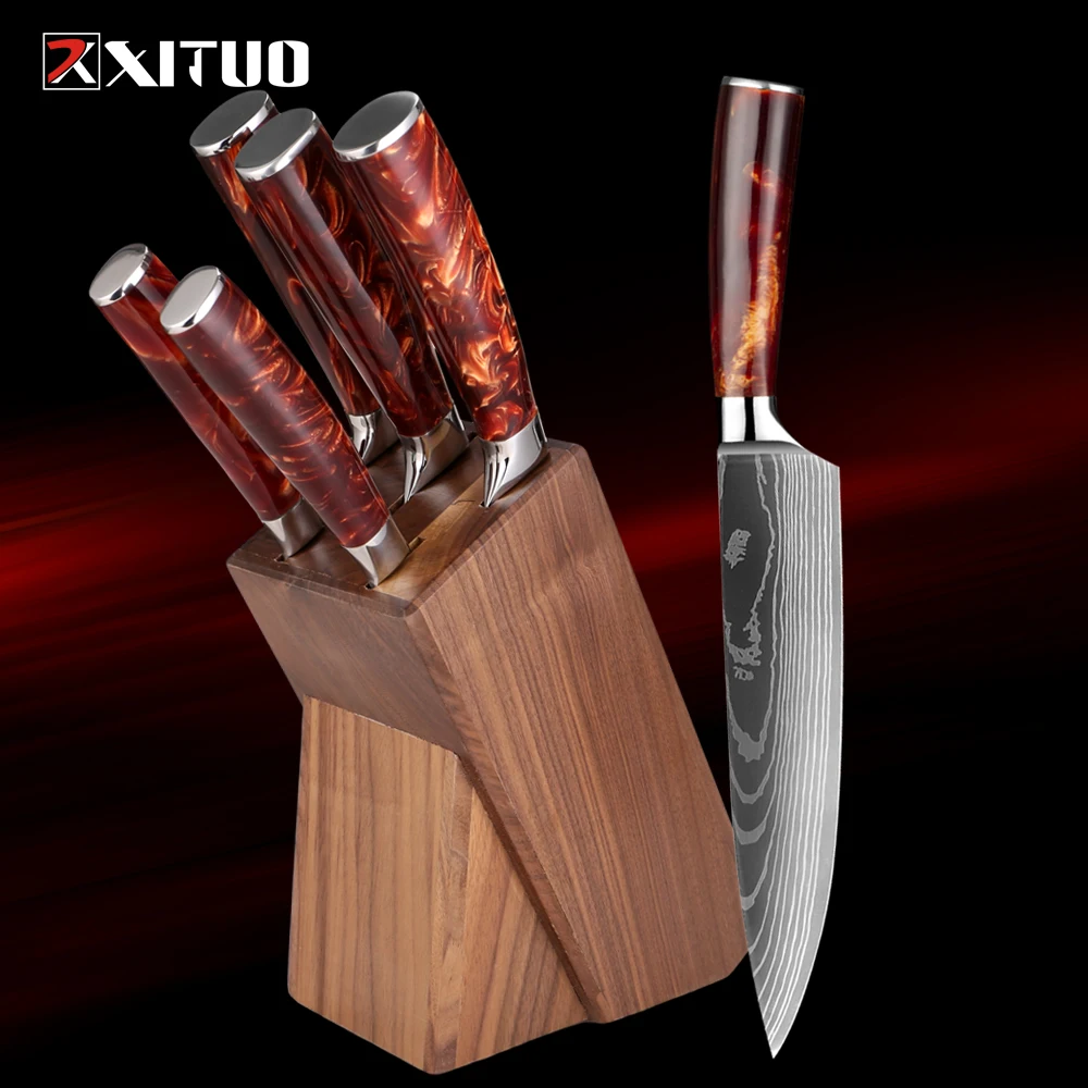 High-end Kitchen Knife Set Includes chef\'s knife, bread knife, boning knife, fruit knife, solid wood knife holder Resin Handle