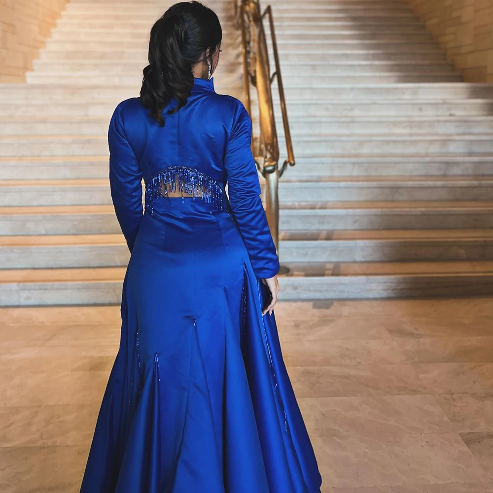 Exquisite Tassel Beading Pleats Piping Evening Dresses Temperament A-Line V-Neck Satin Long Sleeves Blue Party Gowns فساتين سهرة