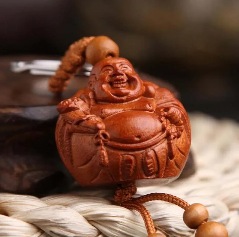 Chinese Peach Wood Carved Maitreya Buddha Often Laughter Exquisite Car Key Chain statue