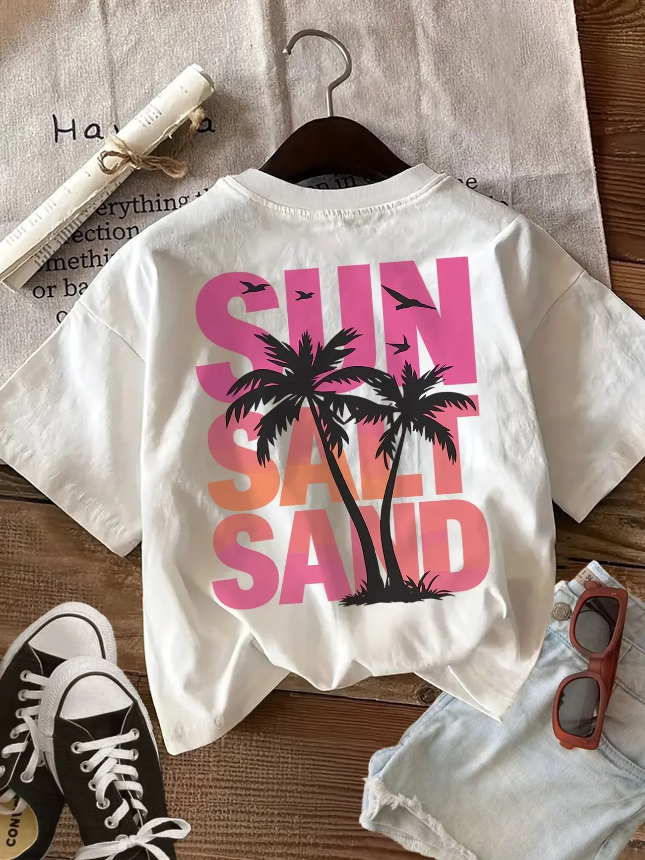 2026 Sun Salt Sand Tree Beach 100% Cotton Women's Graphic T-Shirt Soft Crew Neck Short Sleeve Top Tee Oversized Shirt