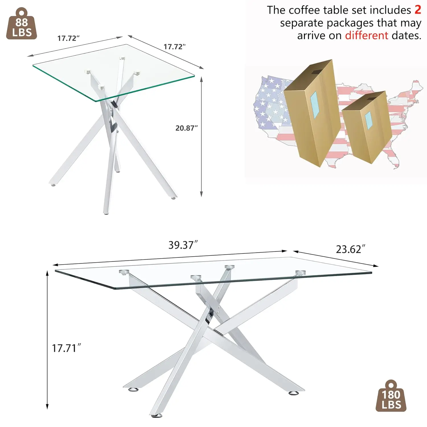 Silver Glass Coffee Table Set of 3 Side Table Geometric Metal Legs 39.4 Inch Clear Rectangle Living Room Chrome, Customized