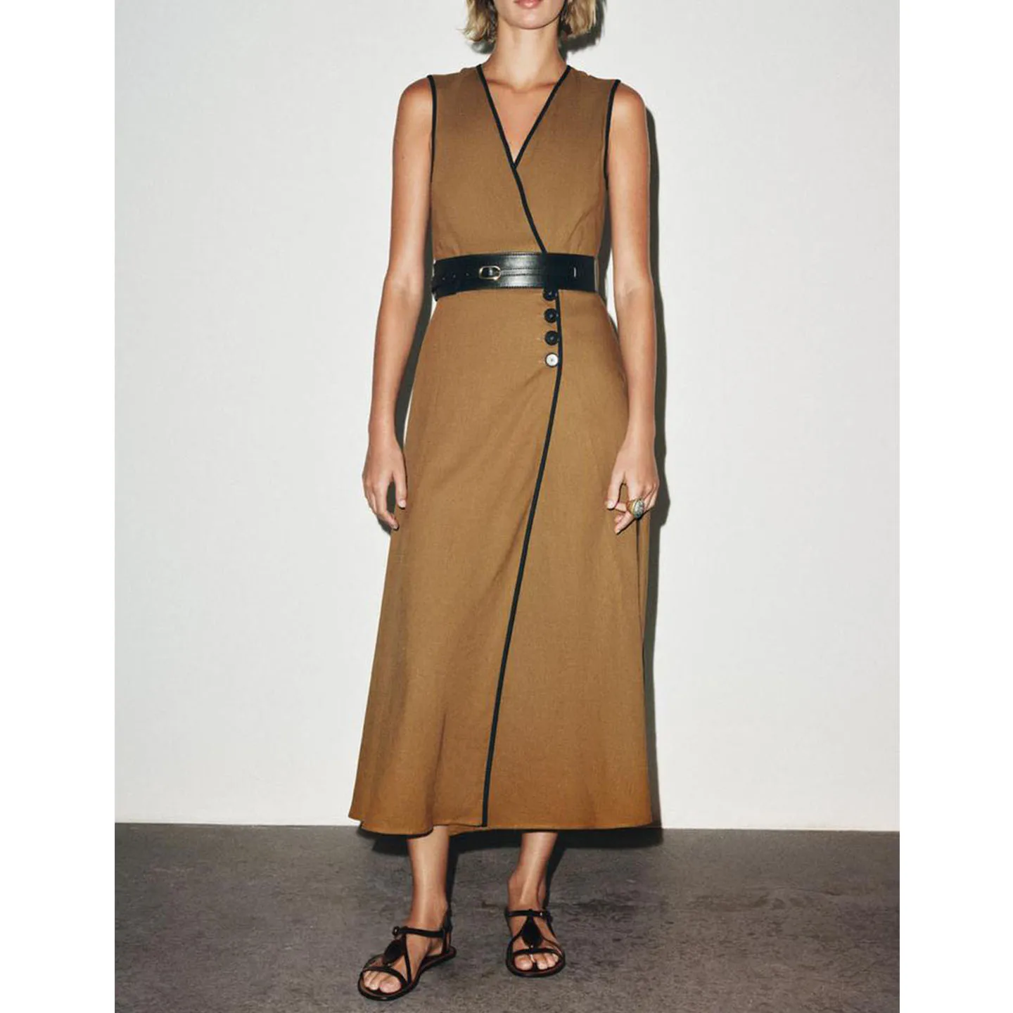 Herfst Dames Midi Dr Kleur Blo V-ne Svel Linnenmix Tailleriem Casual Sle X-vormige polyestervezel