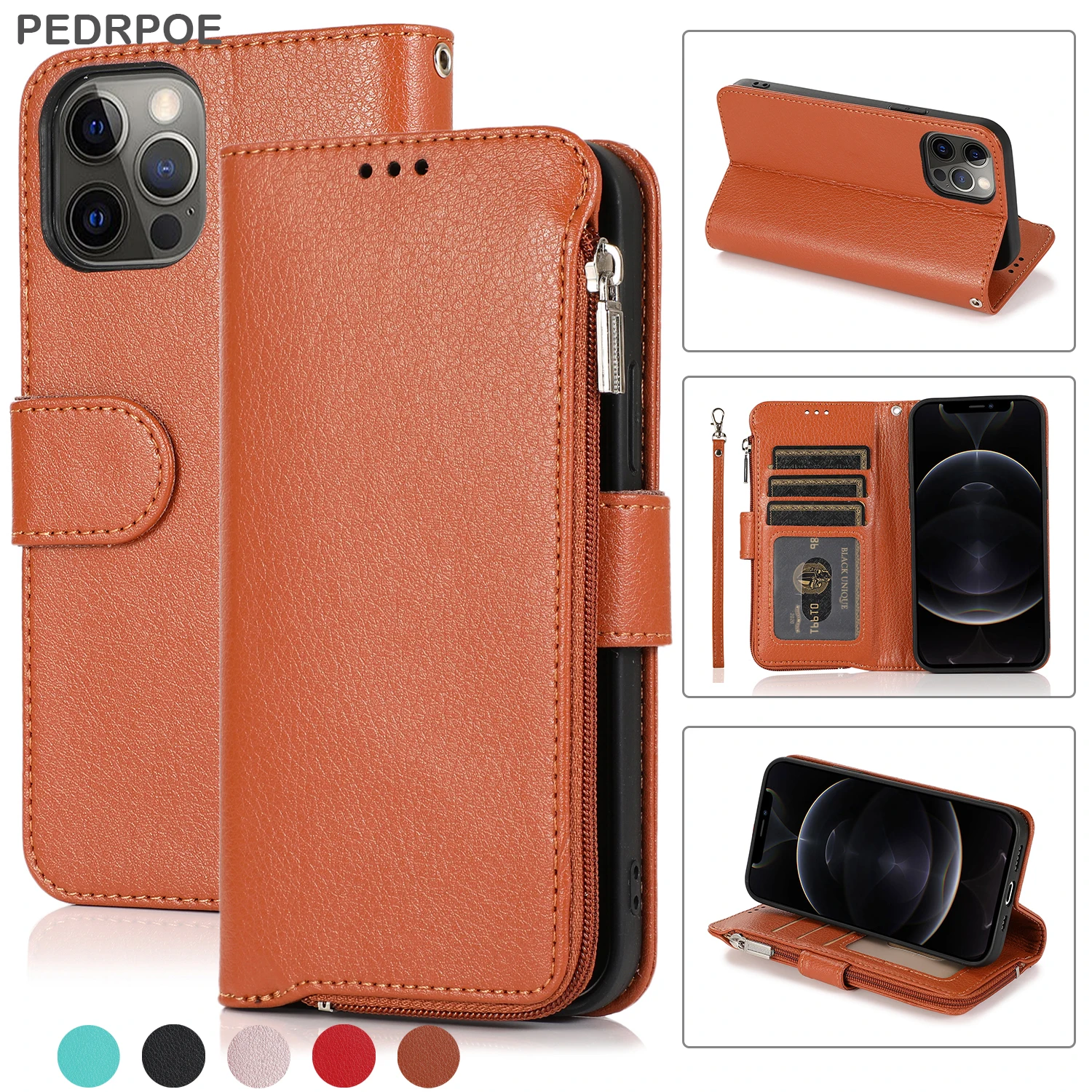 

Leather Flip Phone Cover For iPhone 13 Pro Max 12 Mini 11 Pro XS Max XR X 7 8 6 6s Plus SE Wallet Zipper card bag Protect Cases