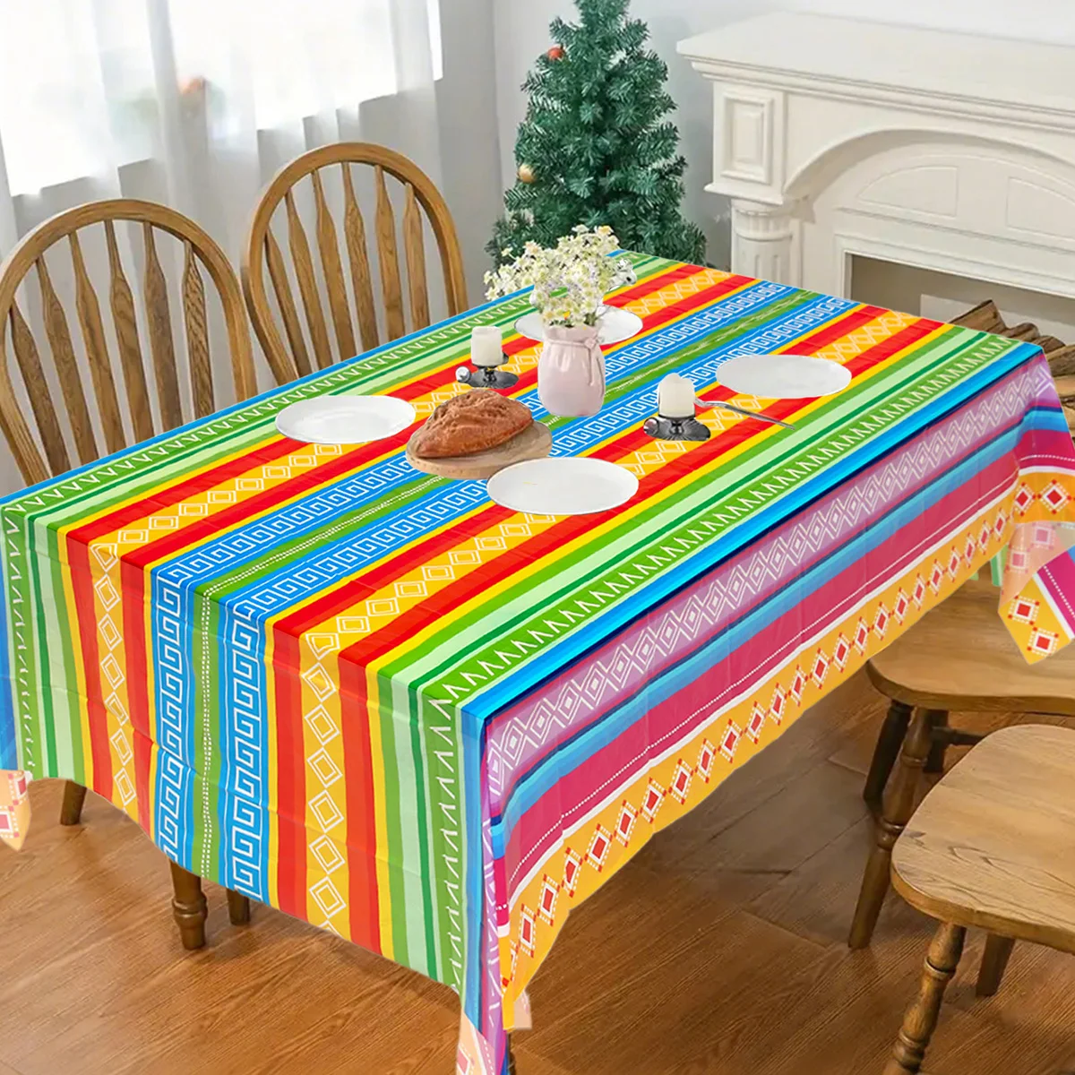 Mexican Stripes Plastic Tablecloth Holiday Party Decor Day of The Dead Waterproof Rectangle Tablecloth Mexican Fiesta Decoration