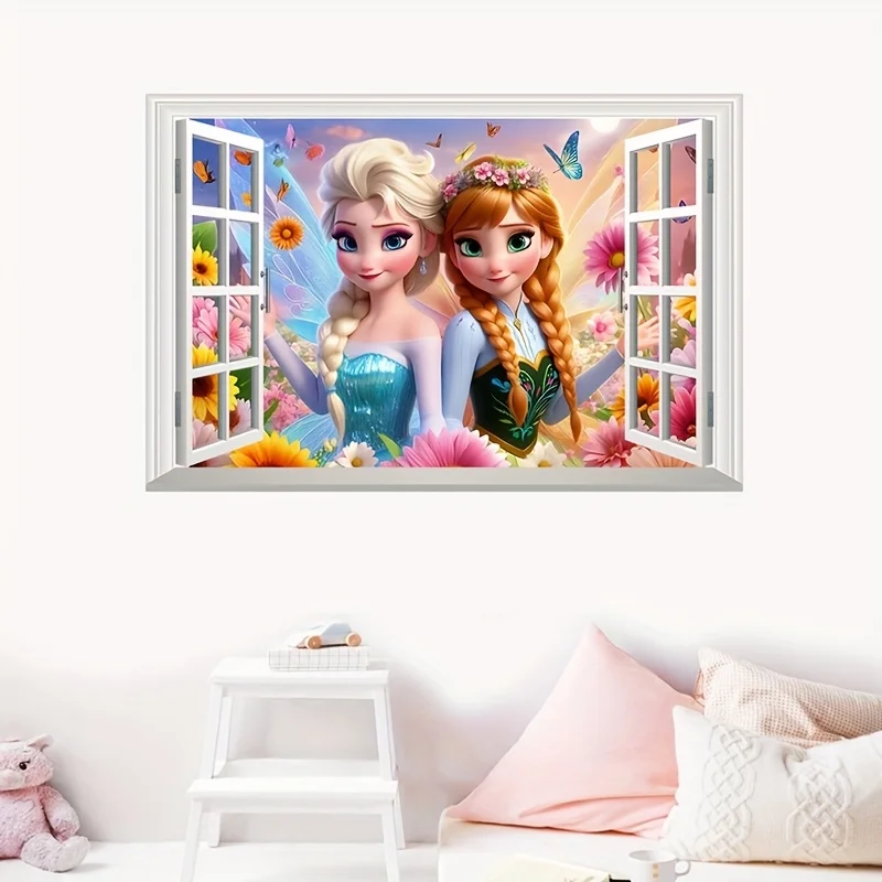 1 ملصق حائط على شكل قلعة الأميرة إلسا وآنا - تصميم نافذة سحرية، مثالي لغرف النوم وغرف المعيشة، مما يخلق مساحة مريحة وحالمة على شكل أميرة