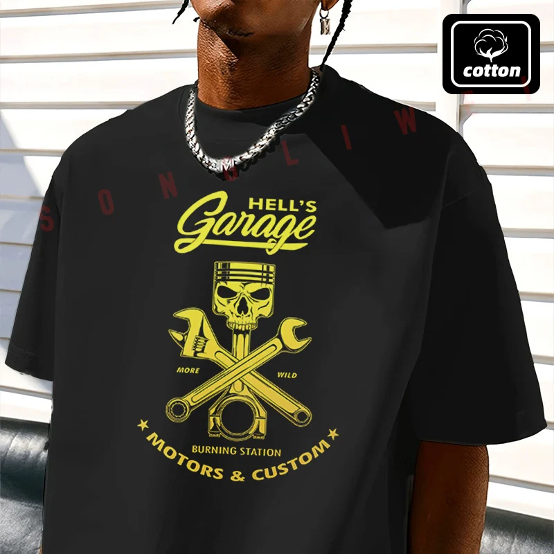

Men's Cotton T-Shirt Hells Garage Creative Design Motorcycle Tshirt Men's Casual Short Sleeve Tee