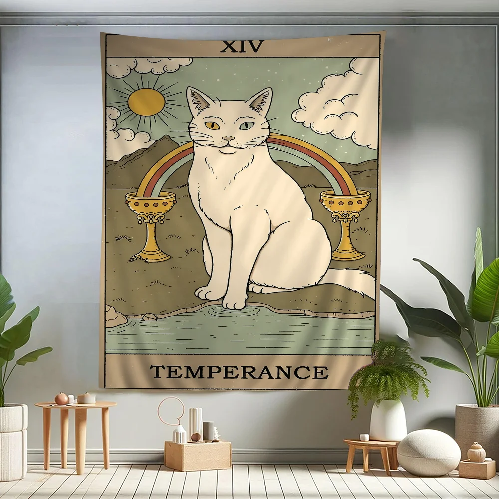 Cat Vintage Tarot Cute Sun Moon Art Hanging Bohemian Tapestry Home Decoration Hippie Bohemian Decoration Divination Art Home