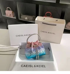 Borsa a secchiello in raso di lusso Borsa da donna in colore sfumato Borsa da sera con diamanti lucidi glitterati Borsa a tracolla con pochette per festa di nozze