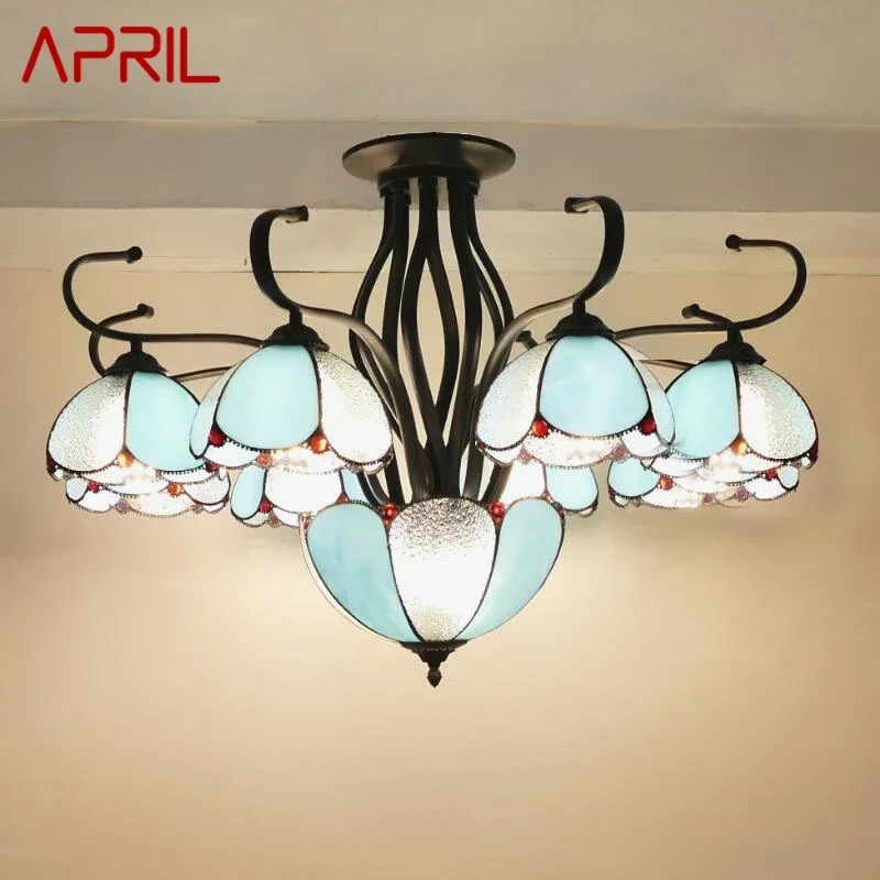 APRIL Tiffany European Living Room Pendant Lamp Mediterranean Sea Creative Color Glass restaurant Bedroom Hotel Chandelier