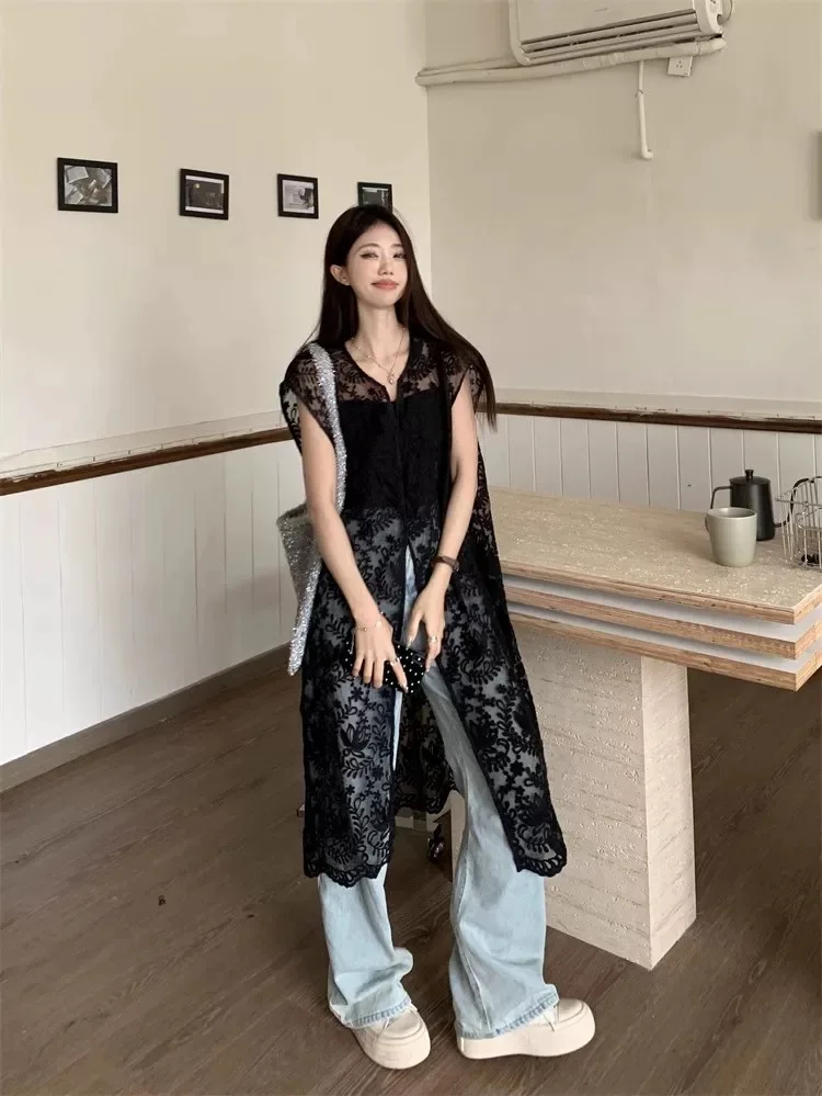 فستان صيفي بدون أكمام من الدانتيل الأورجانزا الشفاف بفتحة عالية للنساء بيج وأسود شفاف فستان ميدي أنيق بدون أكمام بوهو