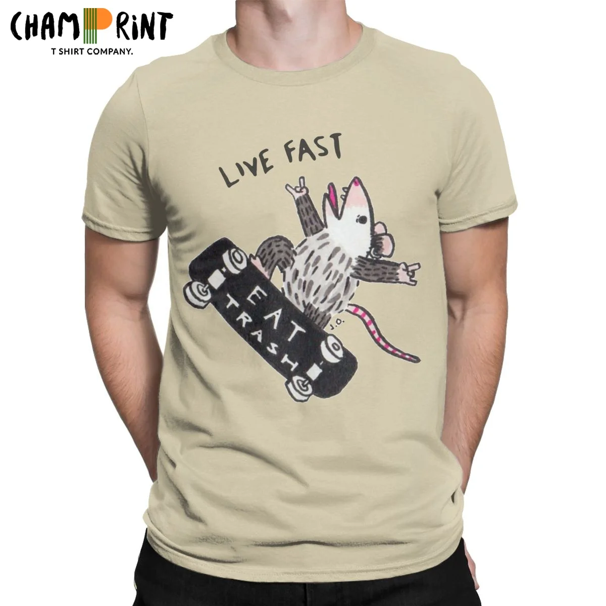 Casual Live Fast Eat Trash T-Shirts for Men Round Neck Pure Cotton T Shirt Funny Opossum Short Sleeve Tees Original Clothing