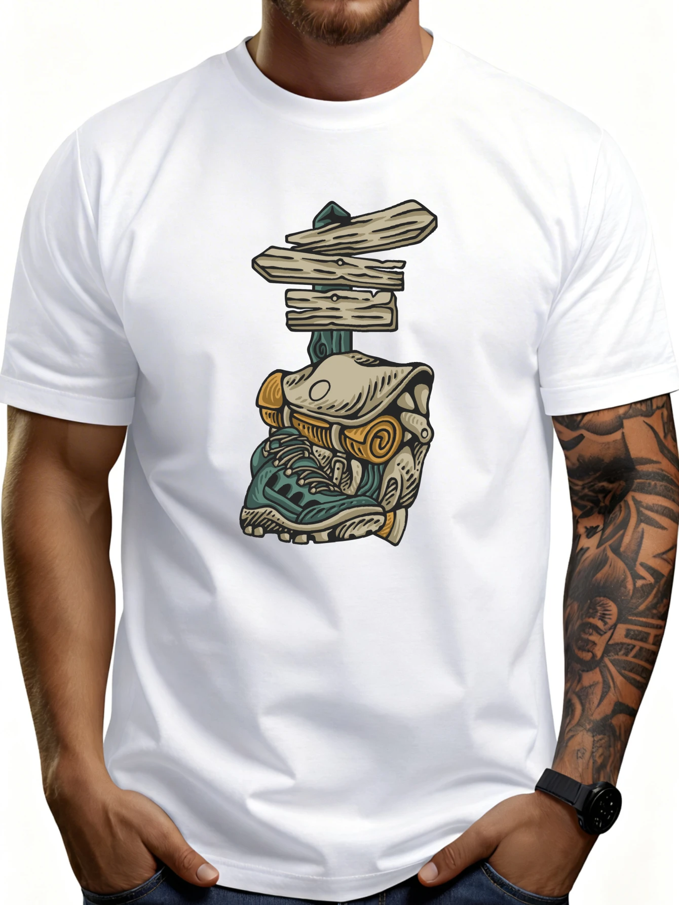 Casual Outdoor Style Men's T-Shirt Hiking Gear and Trail Markers Summer Adventure Gift for Nature Lovers