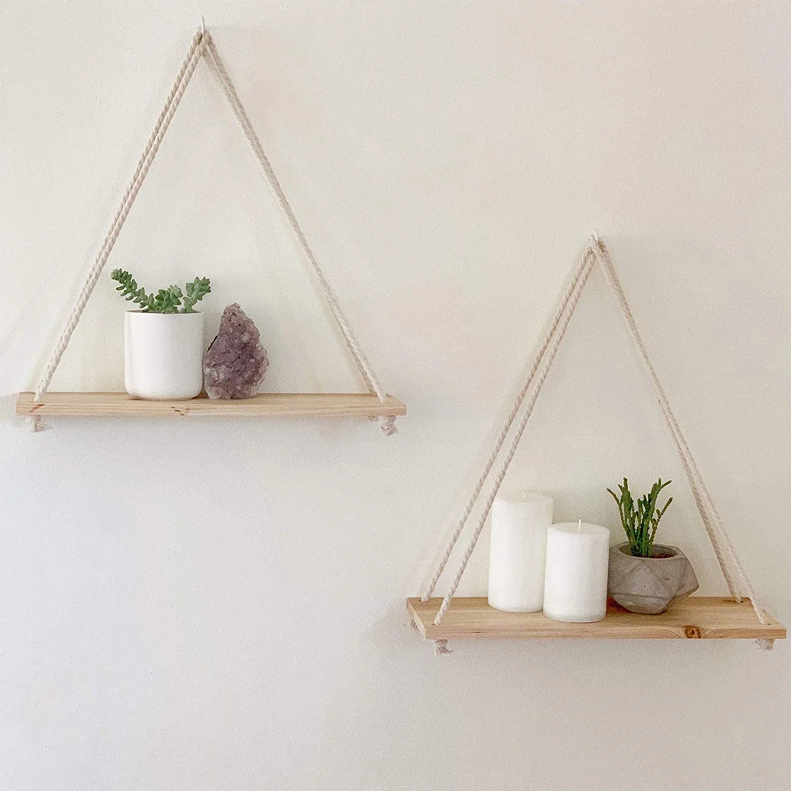 1PC Hanging Shelves for Wall Floating Shelves, Macrame Rope Triangle Shelf, Natural Light Reclaimed Wood, Farmho Cord organizer