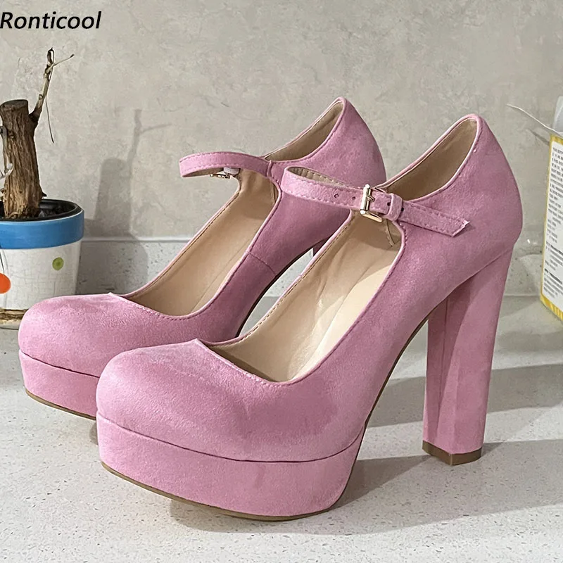

Ronticool Handmade Women Platform Pumps Block High Heels Round Toe Pretty Pink Party Shoes Ladies US Plus Size 5-15